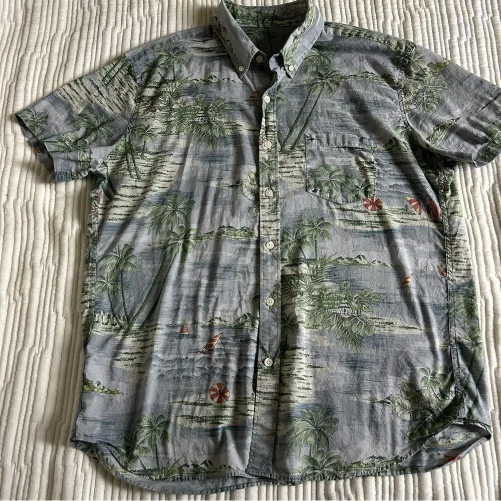 J. Crew Men’s Gray Hawaiian Tropical Beachy Short Sleeve Shirt Size Extra Large